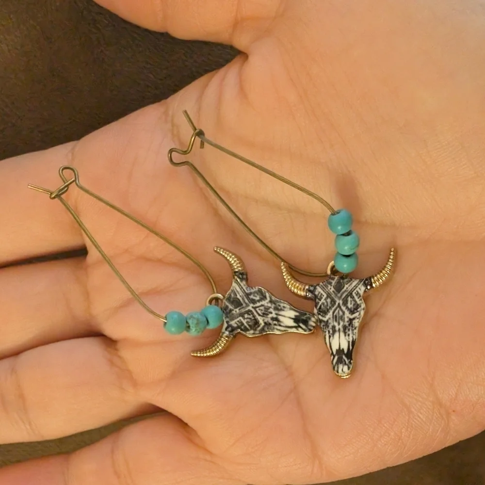 Western  Bull Skull Earrings with Turquoise Accents